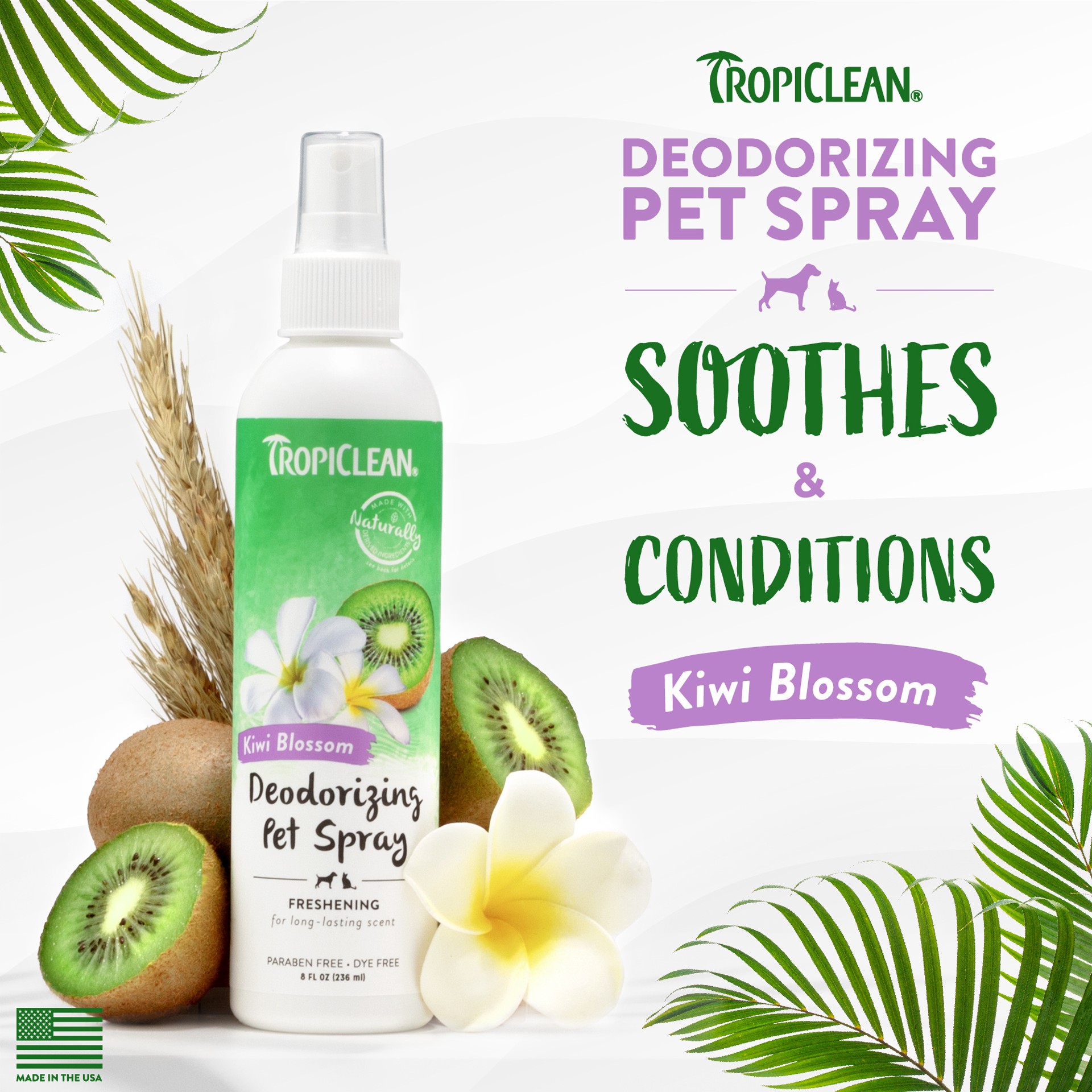 slide 8 of 10, TropiClean Kiwi Blossom Deodorizing Spray for Pets, 8oz, 8 fl oz