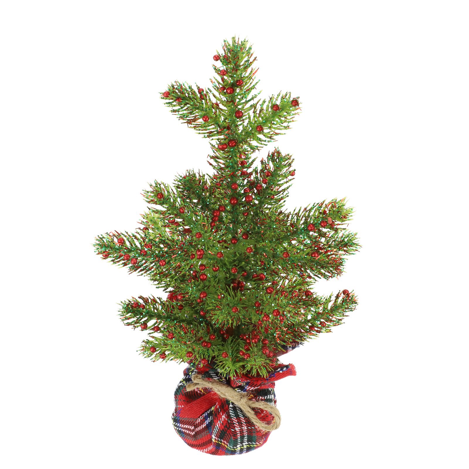 slide 2 of 3, 12" Green Glitter Pine & Red Berry Accent Tree In Red Plaid Fabric Base By Ashland, 6 in x 6 in x 12 in