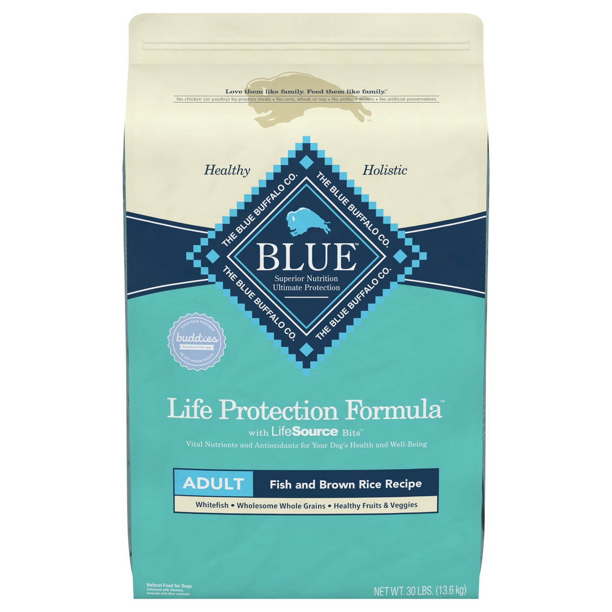 slide 1 of 9, Blue Buffalo Dog Food, Life Protection Formula, Natural Fish & Brown Rice Flavor, Adult Dry Dog Food, 30 lb Bag, 30 lb