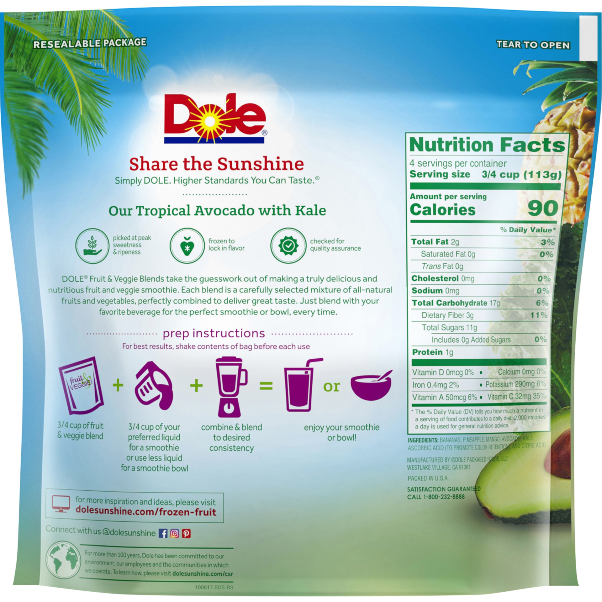 slide 7 of 8, Dole Smoothies, Crafted, Tropical Avocado with Kale, 16 oz
