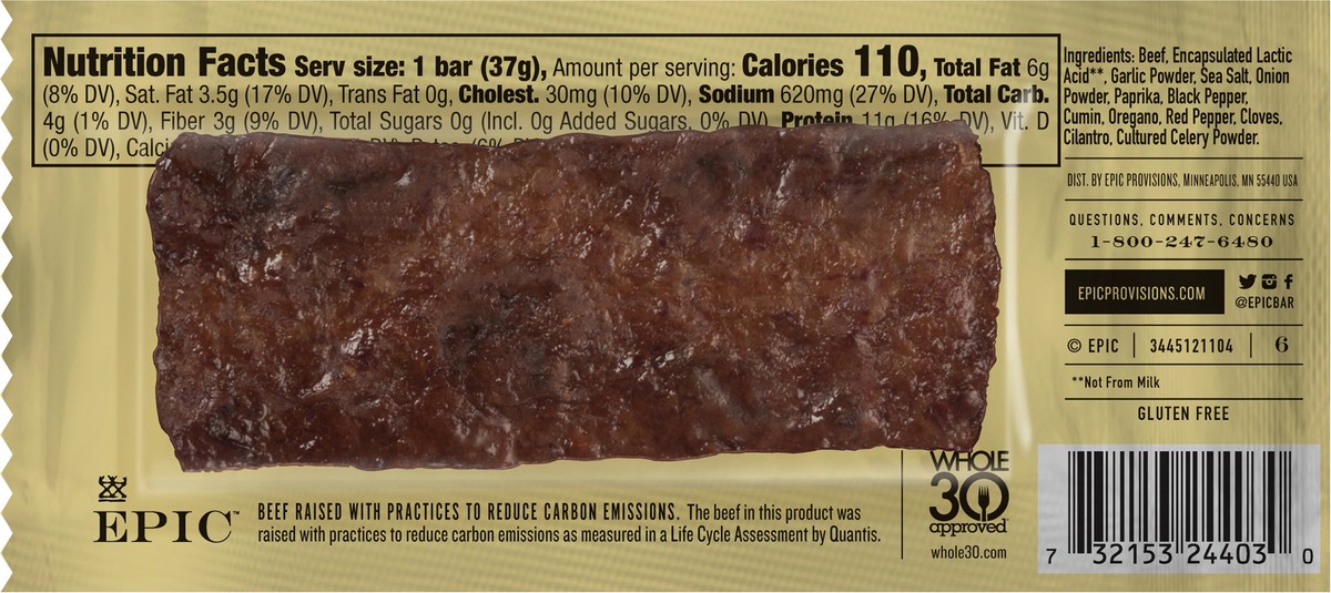 slide 4 of 9, EPIC Beef Barbacoa Inspired Bar, Protein Snacks, Gluten Free, Whole 30, 1.3 oz, 1.3 oz