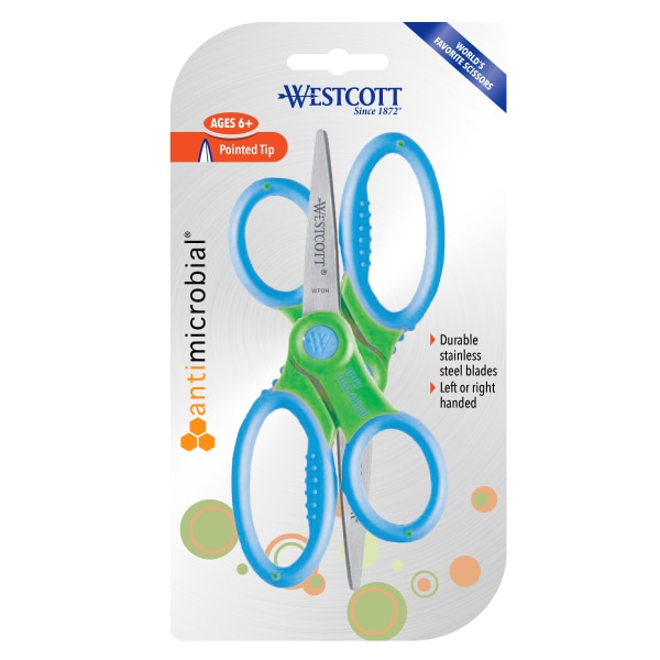 slide 1 of 3, Westcott Antimicrobial Kids' Scissors, 5'', Pointed, Assorted Colors, Pack Of 2 Pairs, 2 ct