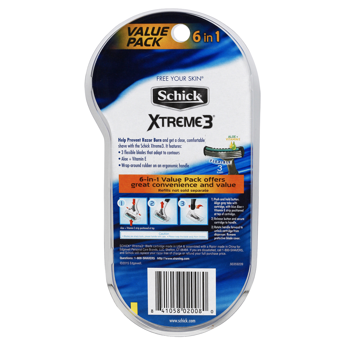 slide 2 of 2, Schick Xtreme3 Razor + Cartridges, 6 ct