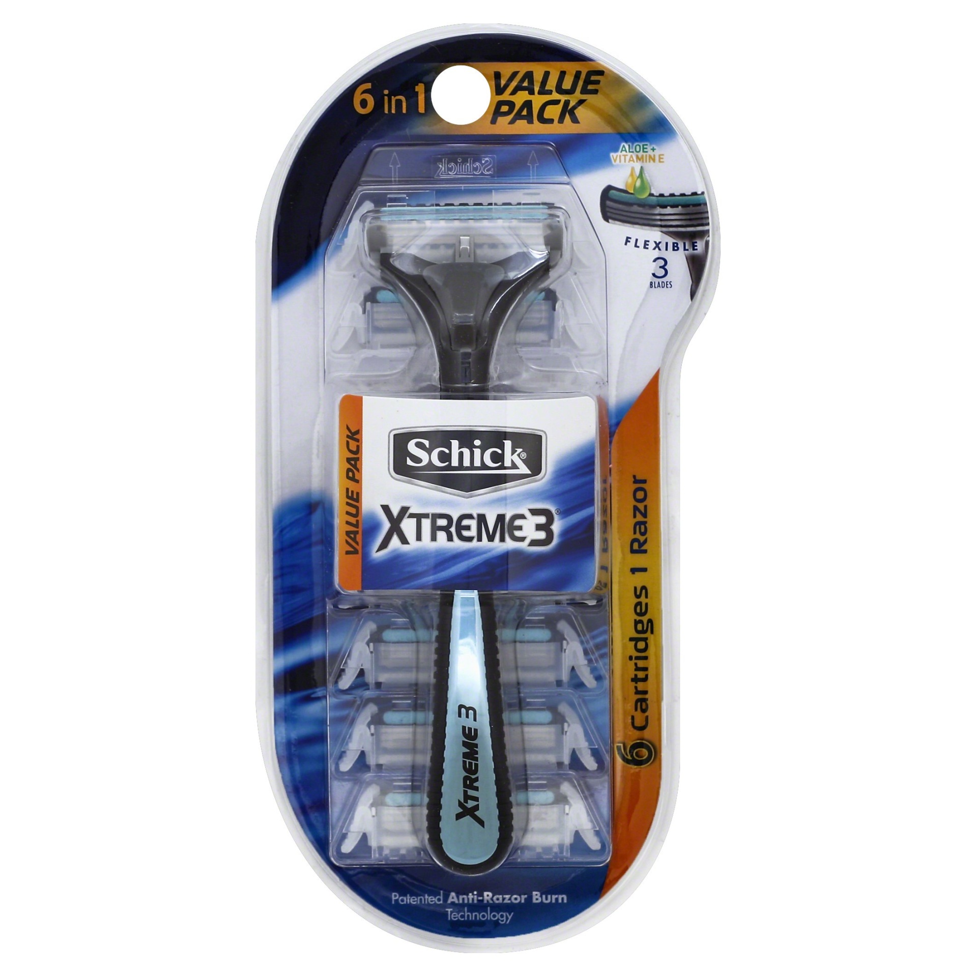 slide 1 of 2, Schick Xtreme3 Razor + Cartridges, 6 ct