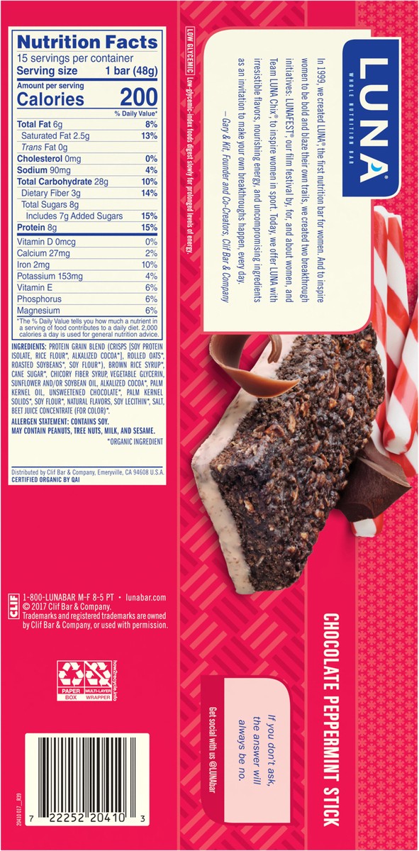 slide 2 of 12, LUNA Bar - Chocolate Peppermint Stick - Gluten-Free - Non-GMO - 7-9g Protein - Made with Organic Oats - Low Glycemic - Whole Nutrition Snack Bars - 1.69 oz. (15 Count), 25.35 oz