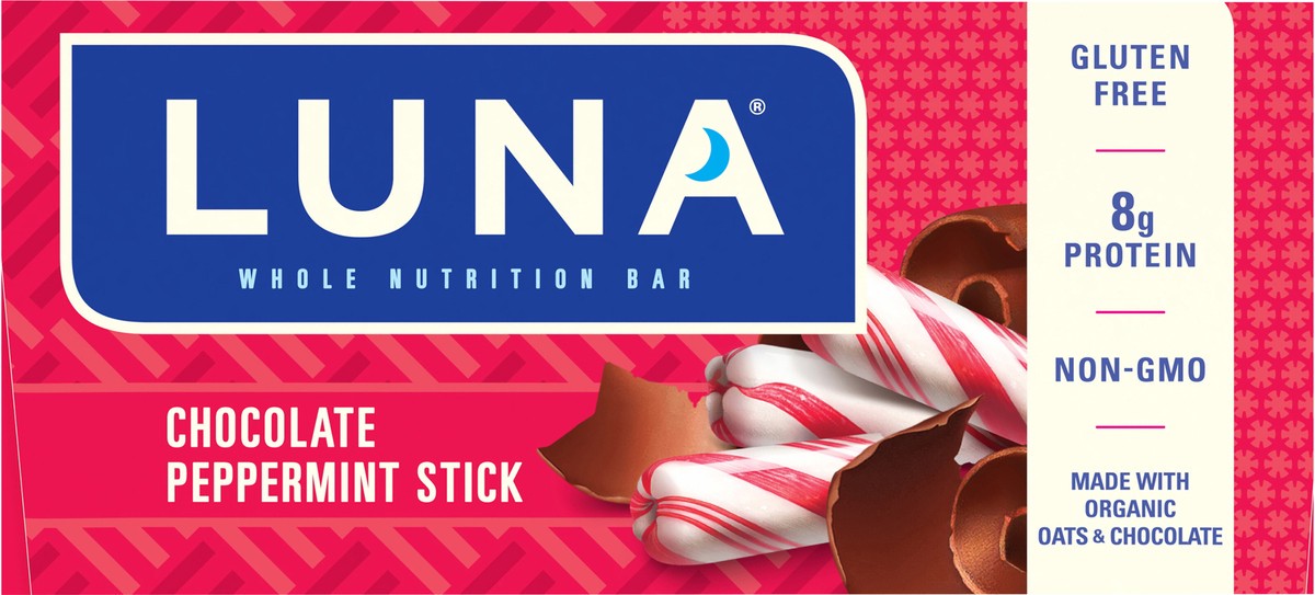 slide 6 of 12, LUNA Bar - Chocolate Peppermint Stick - Gluten-Free - Non-GMO - 7-9g Protein - Made with Organic Oats - Low Glycemic - Whole Nutrition Snack Bars - 1.69 oz. (15 Count), 25.35 oz