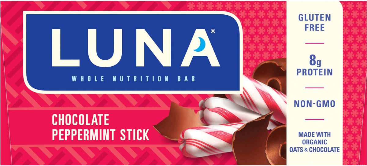 slide 8 of 12, LUNA Bar - Chocolate Peppermint Stick - Gluten-Free - Non-GMO - 7-9g Protein - Made with Organic Oats - Low Glycemic - Whole Nutrition Snack Bars - 1.69 oz. (15 Count), 25.35 oz