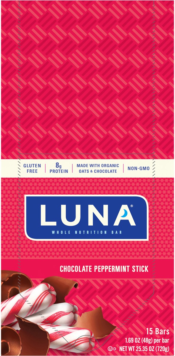 slide 9 of 12, LUNA Bar - Chocolate Peppermint Stick - Gluten-Free - Non-GMO - 7-9g Protein - Made with Organic Oats - Low Glycemic - Whole Nutrition Snack Bars - 1.69 oz. (15 Count), 25.35 oz