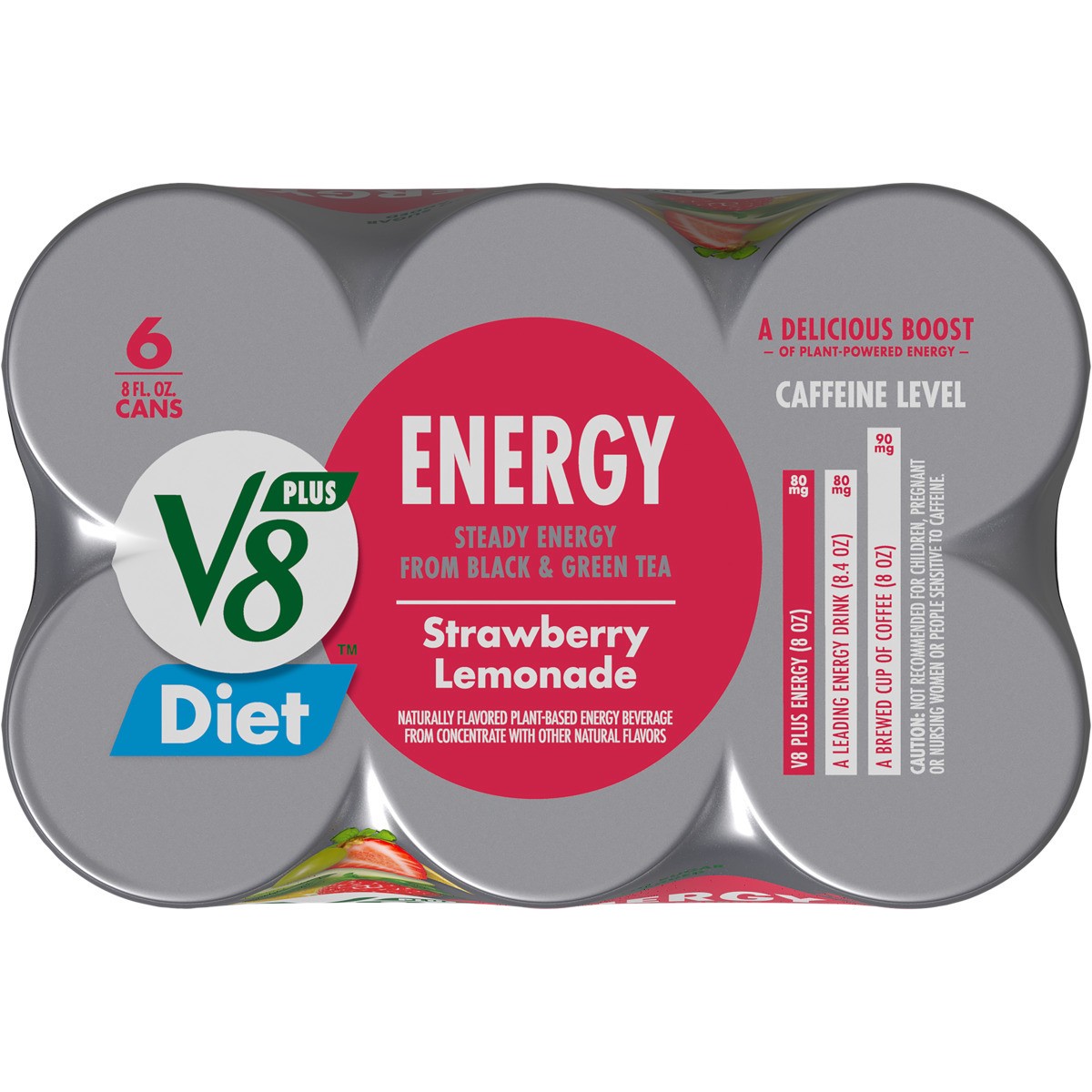 slide 6 of 11, V8 Energy Diet Strawberry Lemonade Juice Energy Drink, 8 fl oz Can (6 Pack), 6 ct; 8 oz