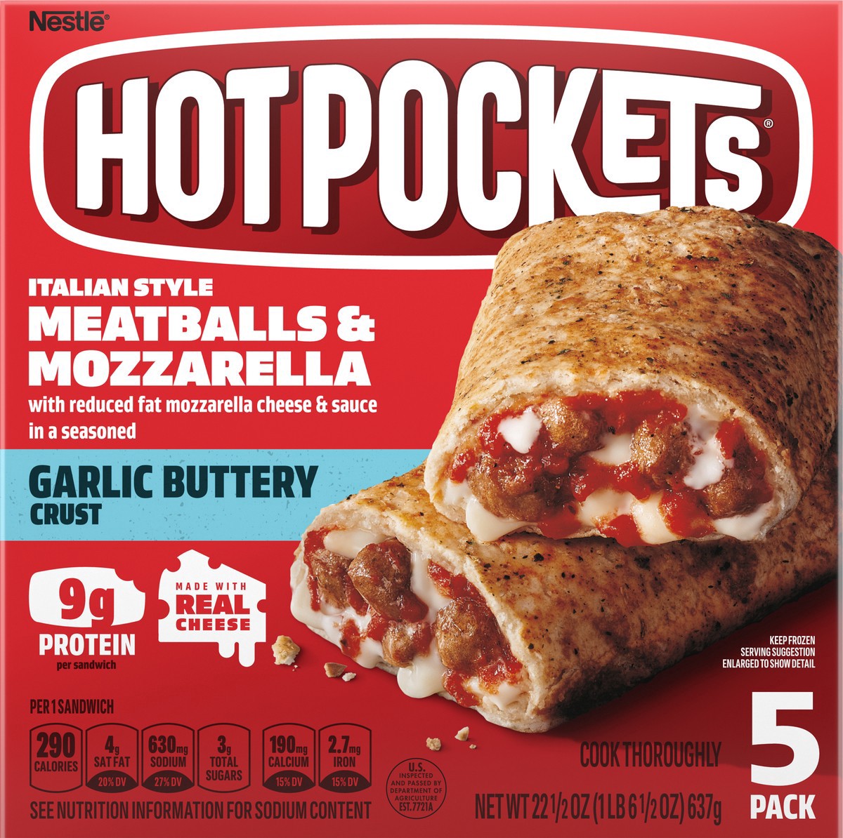 slide 14 of 14, Hot Pockets Italian Style Meatballs and Mozzarella Frozen Snack Foods, Pizza Snacks Made with Reduced Fat Mozzarella Cheese, 5 Count Frozen Snacks, 22.5 oz