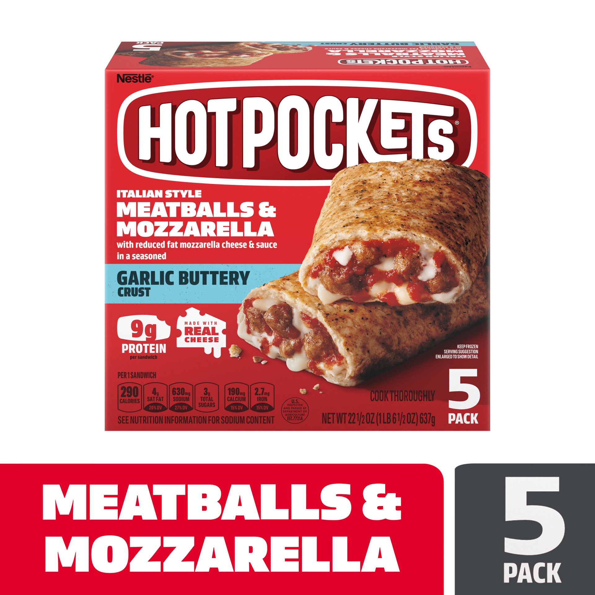 slide 1 of 14, Hot Pockets Italian Style Meatballs and Mozzarella Frozen Snack Foods, Pizza Snacks Made with Reduced Fat Mozzarella Cheese, 22.5 Oz, 5 Count Frozen Snacks, 22.5 oz