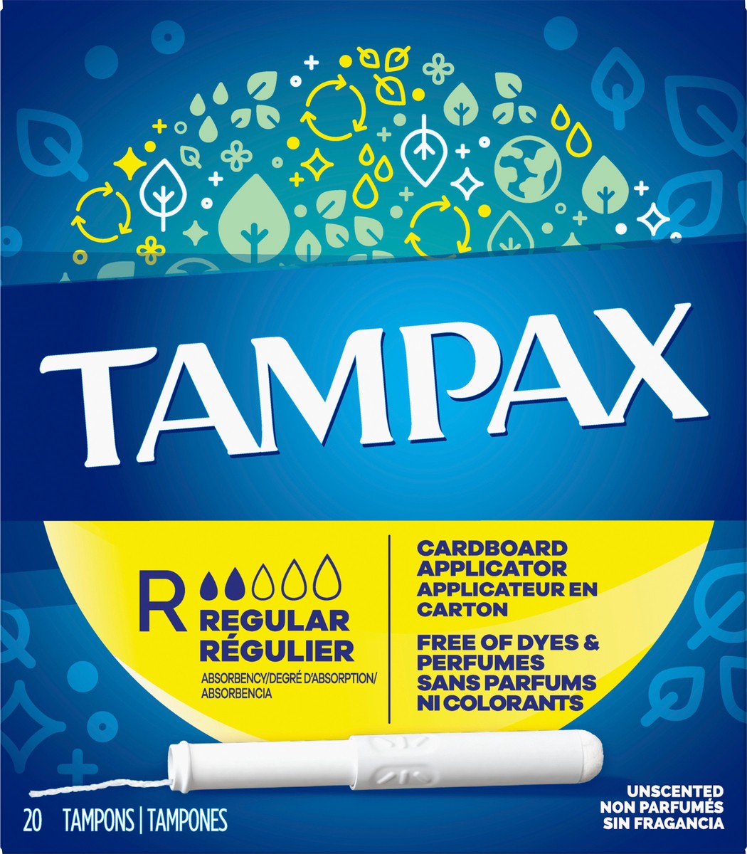 slide 5 of 5, Tampax Cardboard Tampons Regular Absorbency, Anti-Slip Grip, LeakGuard Skirt, Unscented, 20 Count, 20 ct