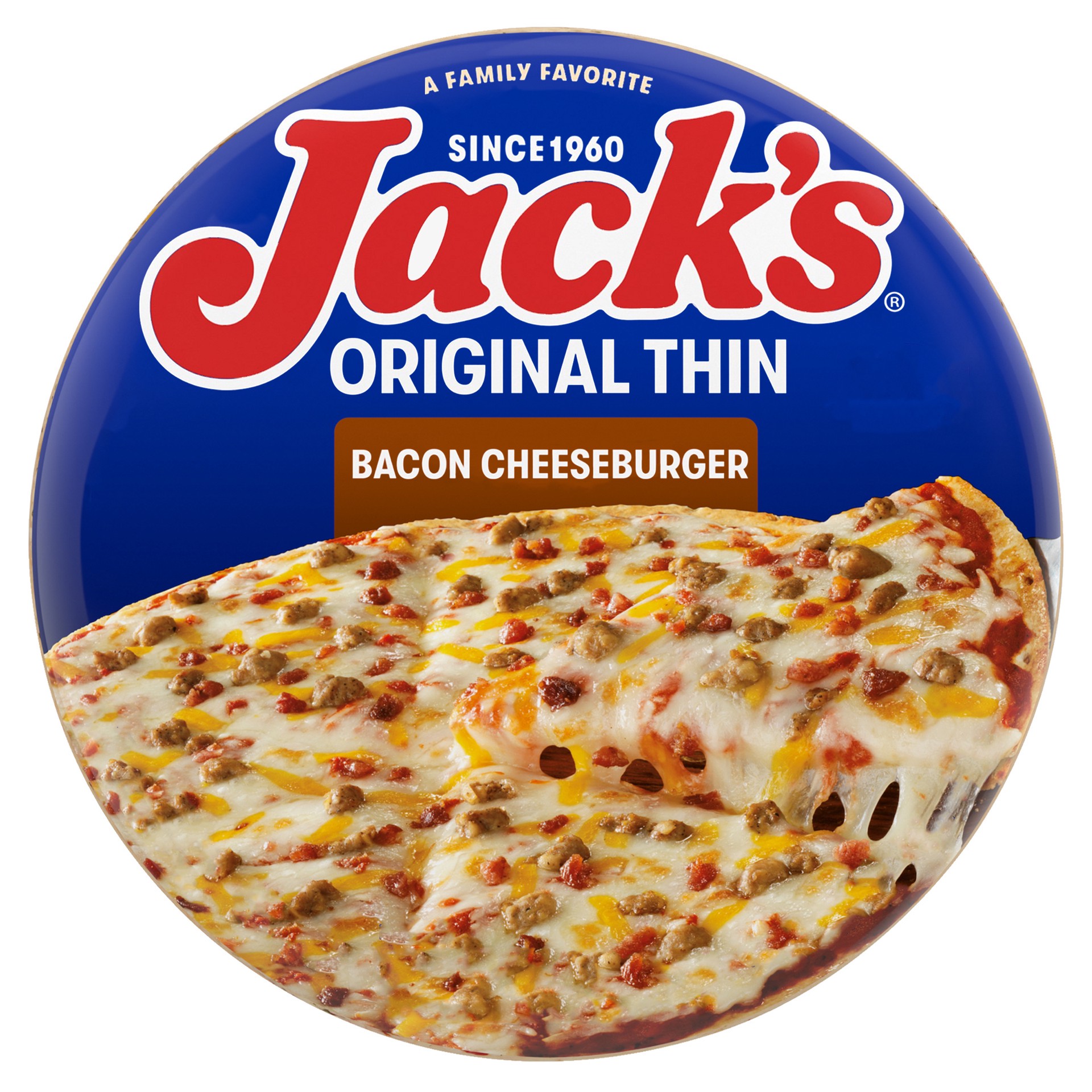 slide 1 of 3, Jacks Pizza Original Thin Crust Bacon Cheeseburger Pizza, 15.4 oz