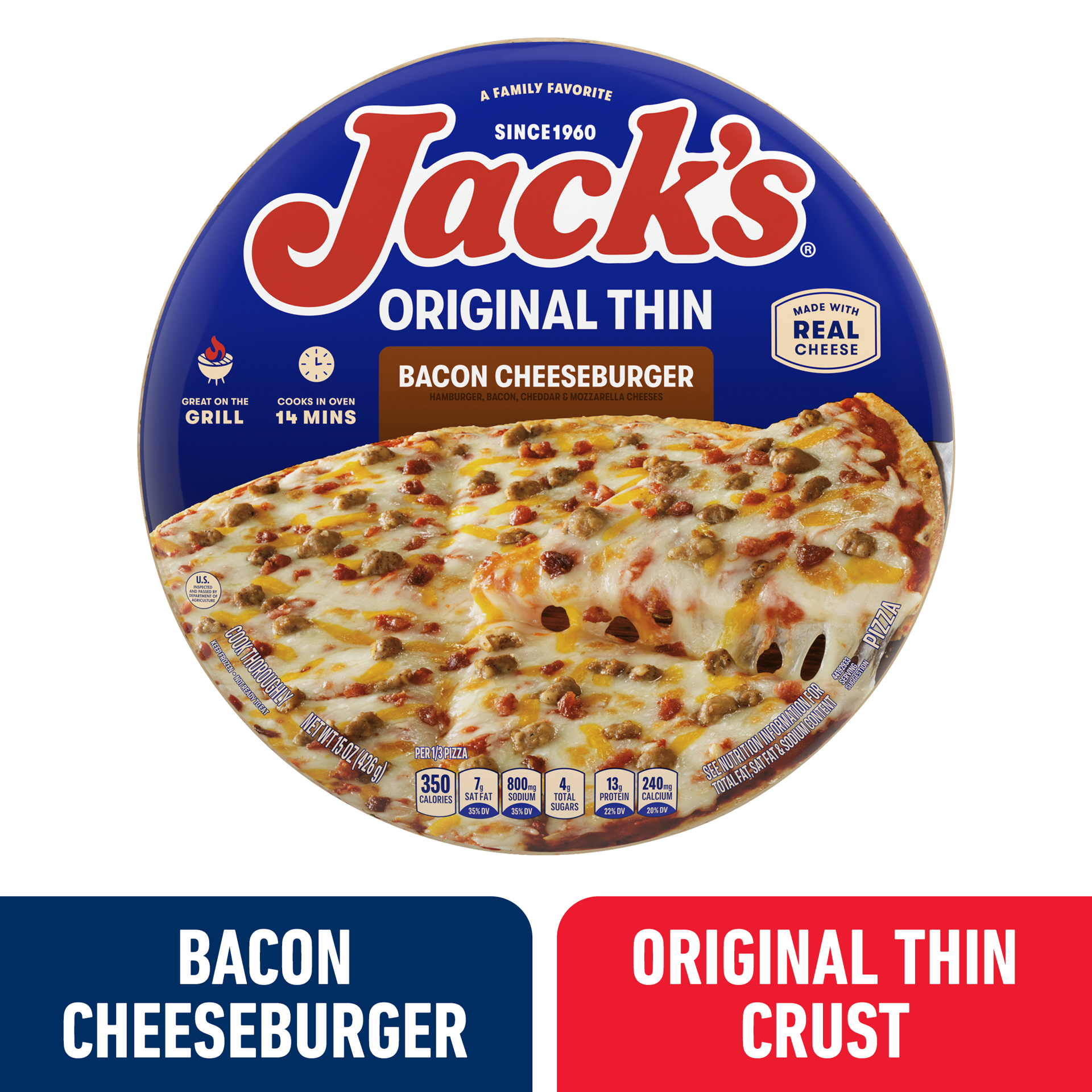 slide 1 of 3, Jacks Pizza Original Thin Crust Bacon Cheeseburger Pizza, 15.4 oz