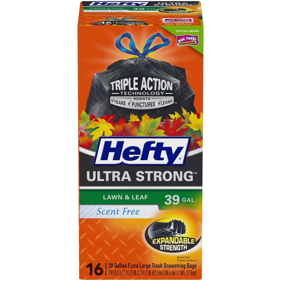 slide 1 of 1, Hefty Ultra Strong Lawn & Leaf Scent Free Extra Large Drawstring Trash Bags, 16 ct