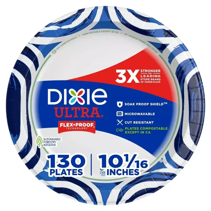 slide 1 of 7, Dixie Ultra Disposable Paper Plates 10" - 130ct: White, Abstract Pattern, Round Shape, 130 ct