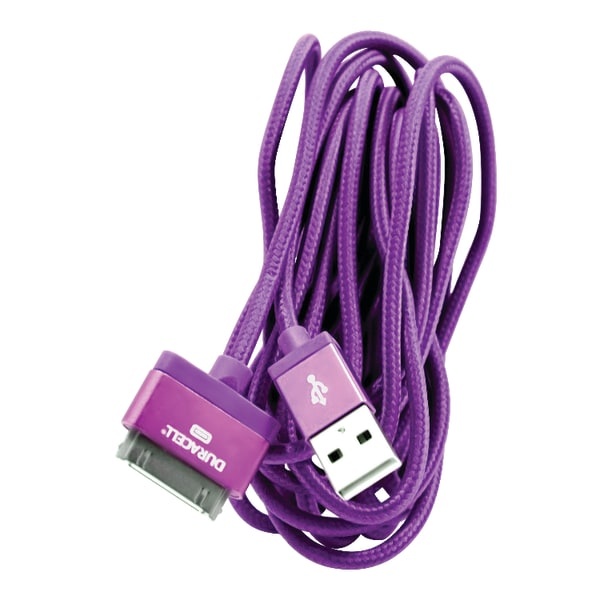 slide 1 of 1, Duracell Sync & Charge 30-Pin Usb Cable, 10', Purple, 1 ct