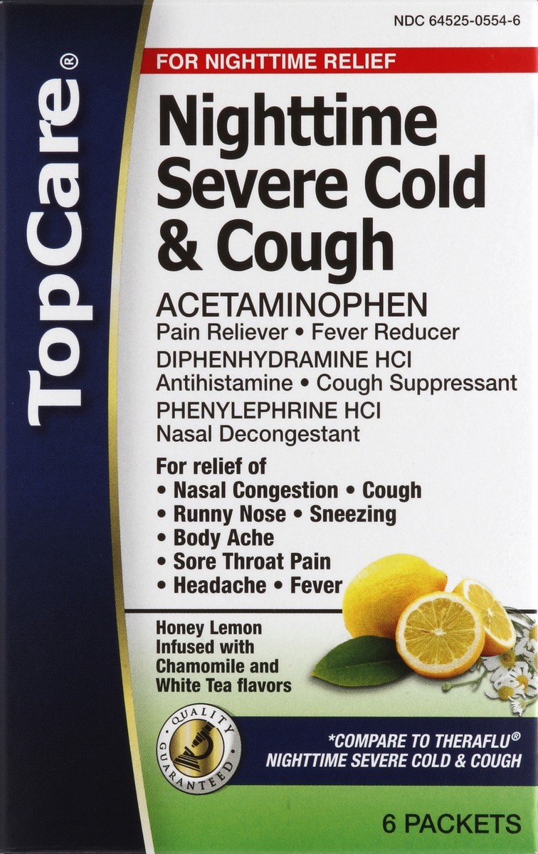 slide 5 of 6, TopCare Severe Cold & Cough, Nighttime, Packets, Honey Lemon Infused with Chamomile and White Tea Flavors, 6 ct