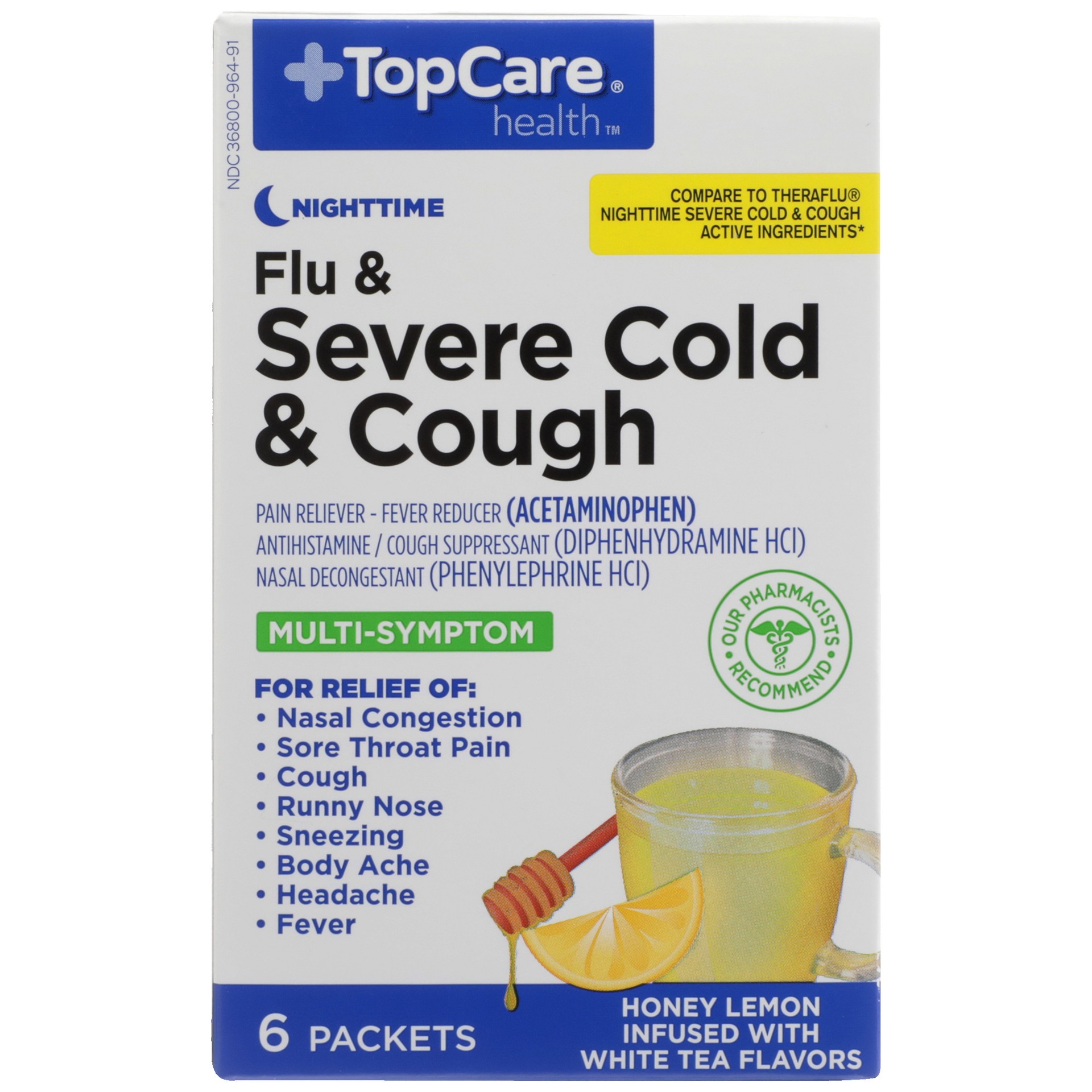 slide 1 of 6, TopCare Severe Cold & Cough, Nighttime, Packets, Honey Lemon Infused with Chamomile and White Tea Flavors, 6 ct