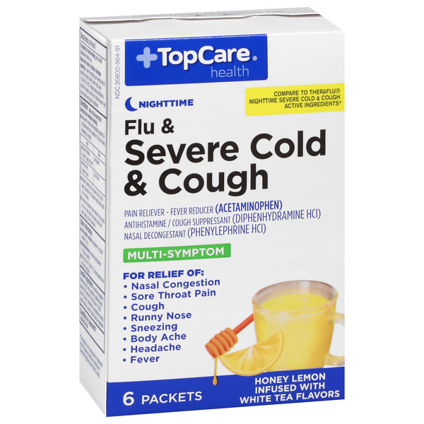 slide 1 of 6, TopCare Severe Cold & Cough, Nighttime, Packets, Honey Lemon Infused with Chamomile and White Tea Flavors, 6 ct