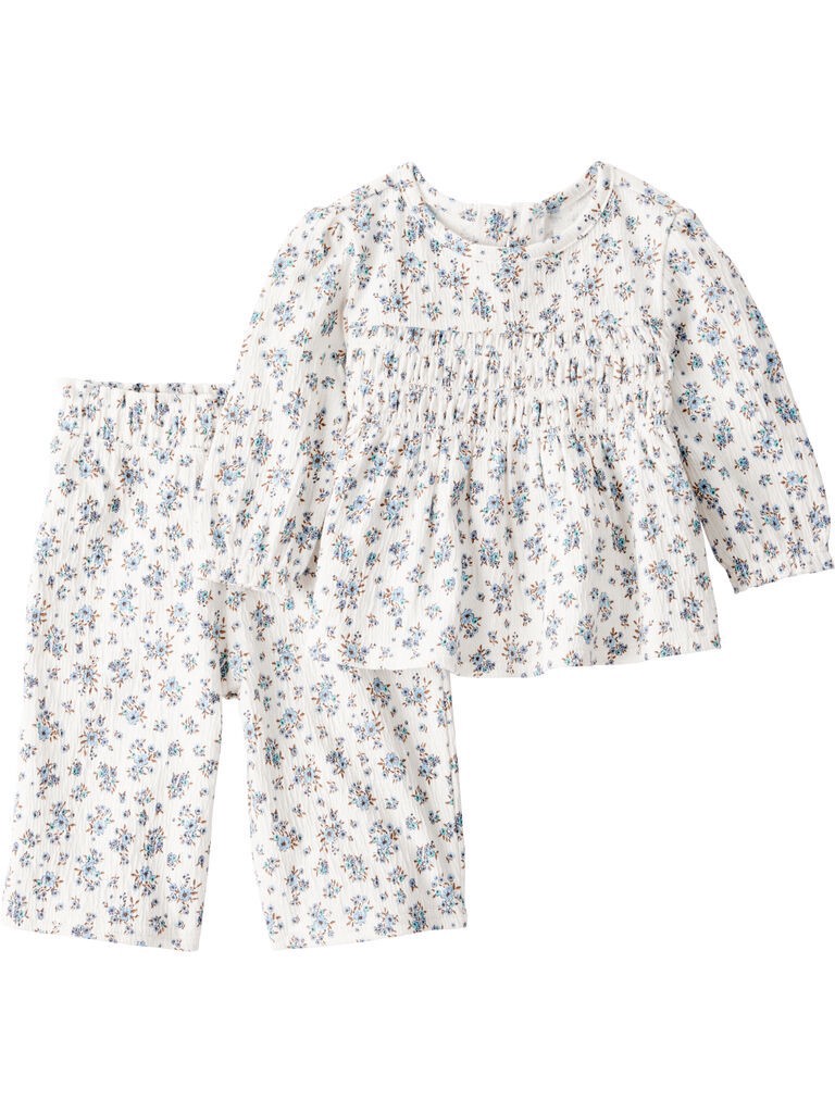 slide 3 of 4, Littleplanet Baby Girl 2-Piece Organic Cotton Crinkled Knit Set in BlueMist Bloom Print BlueMist Bloom 9M, 2 pc