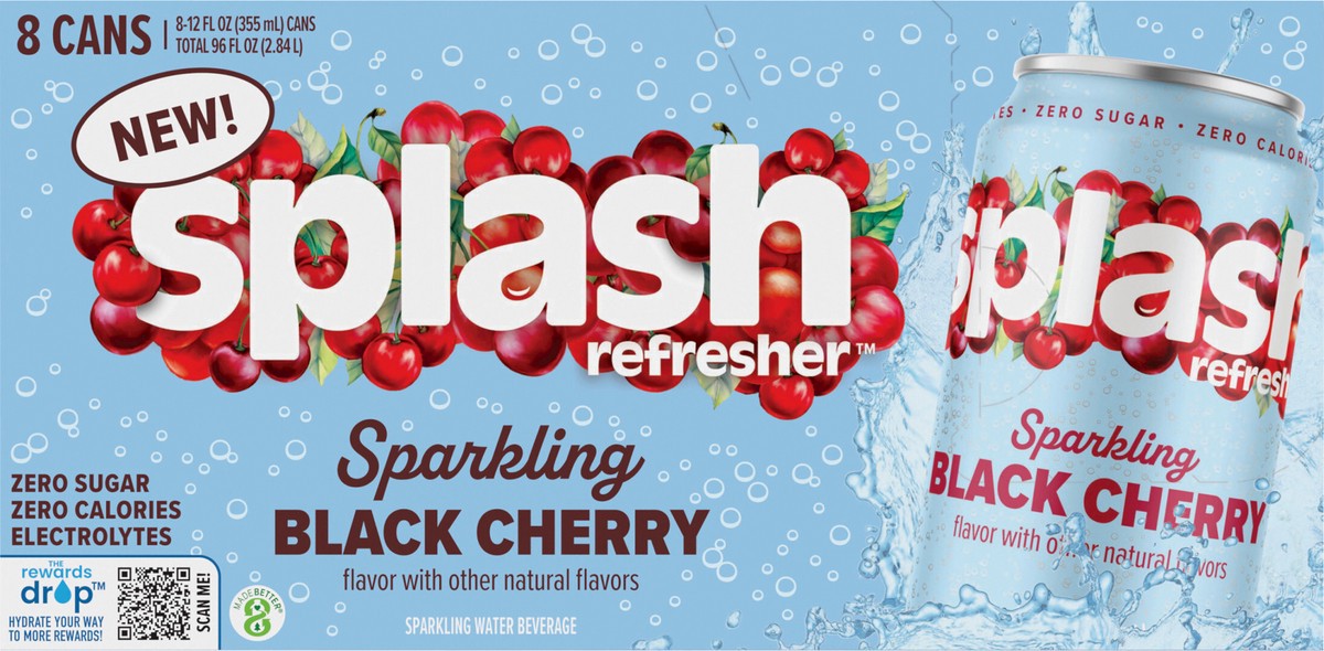 slide 2 of 13, Splash Refresher Sparkling Water, Black Cherry Flavor - 12 Fl Oz Cans, 8 Pack, 8 ct