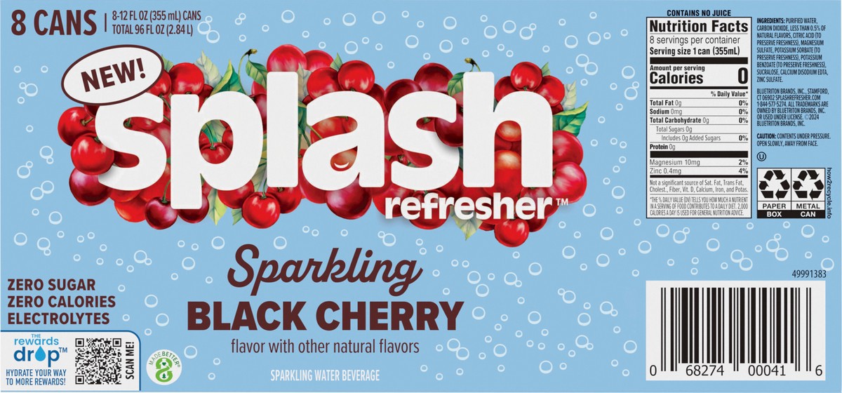 slide 13 of 13, Splash Refresher Sparkling Water, Black Cherry Flavor - 12 Fl Oz Cans, 8 Pack, 8 ct