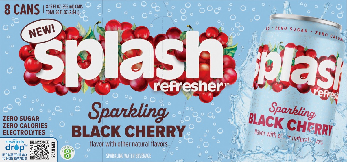 slide 10 of 13, Splash Refresher Sparkling Water, Black Cherry Flavor - 12 Fl Oz Cans, 8 Pack, 8 ct
