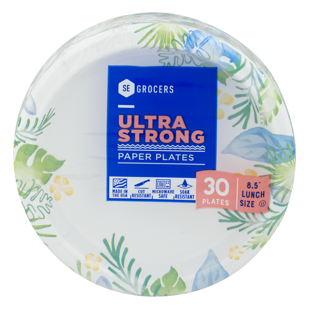 slide 1 of 8, SE Grocers Paper Plates 8.5'' Lunch Size Ultra Strong, 30 ct