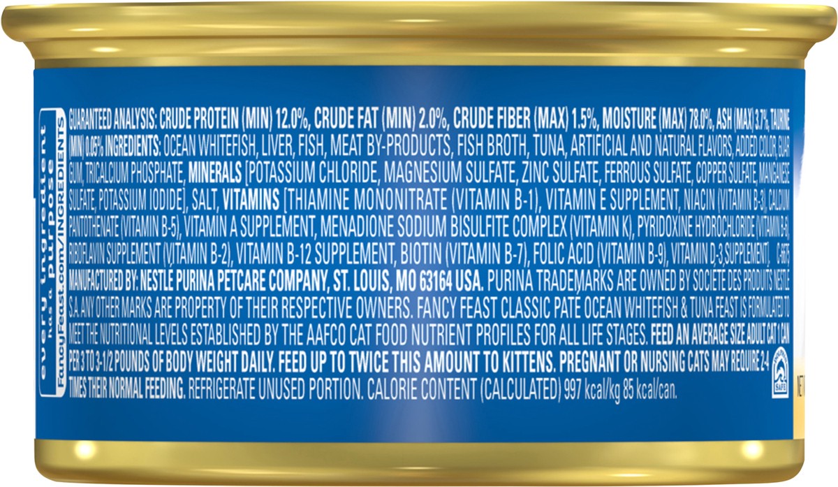 slide 3 of 3, Fancy Feast Purina Fancy Feast Classic Pate Ocean Whitefish and Tuna Feast Classic Grain Free Wet Cat Food Pate, 3 oz