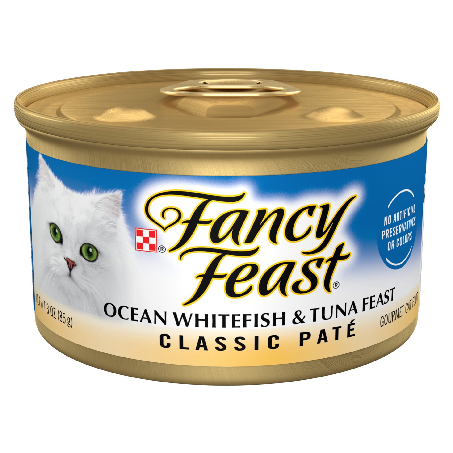 slide 1 of 3, Fancy Feast Purina Fancy Feast Classic Pate Ocean Whitefish and Tuna Feast Classic Grain Free Wet Cat Food Pate, 3 oz