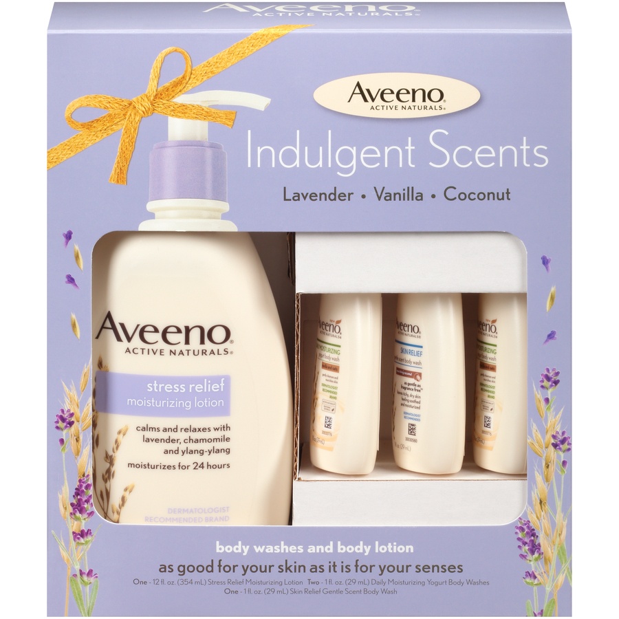 slide 1 of 1, Aveeno Indulgent Scent Gift Pack, Moisturizing Body Lotion And Body Wash Set, 4 ct