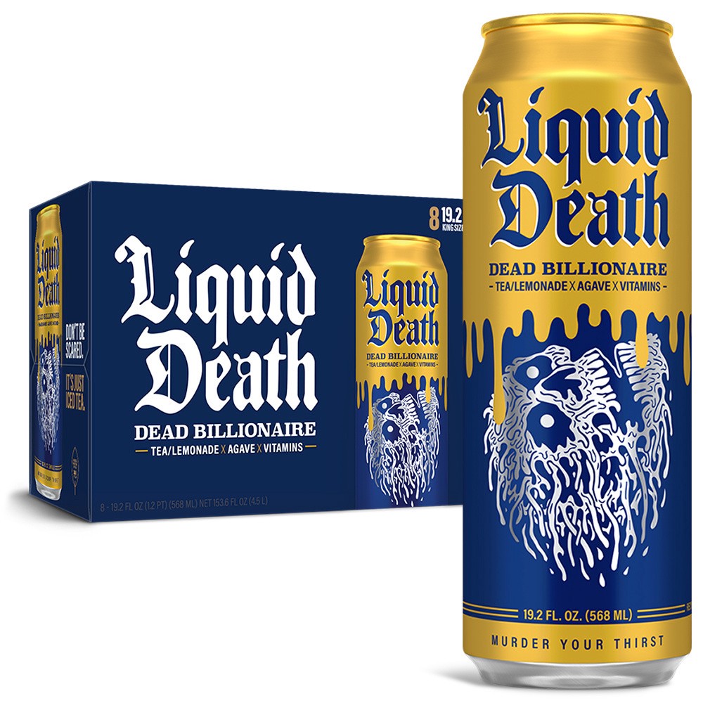 slide 1 of 6, Liquid Death Iced Black Tea, Dead Billionaire, 19.2 Oz King Size Cans (8-Pack), 153.60 oz