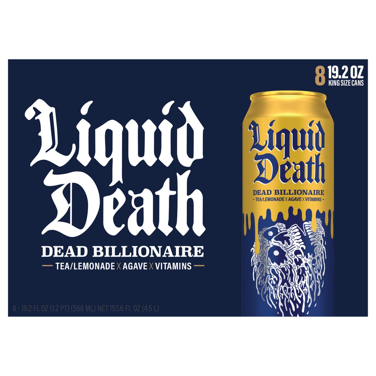 slide 1 of 6, Liquid Death, Dead Billionaire Iced Tea, 8-Pack (King Size 19.2oz Cans), Half Lemonade Half Black Tea Sweetened With Real Agave, B12 & B6 Vitamins, Low Calorie & Low Sugar, 8 ct; 19.2 oz