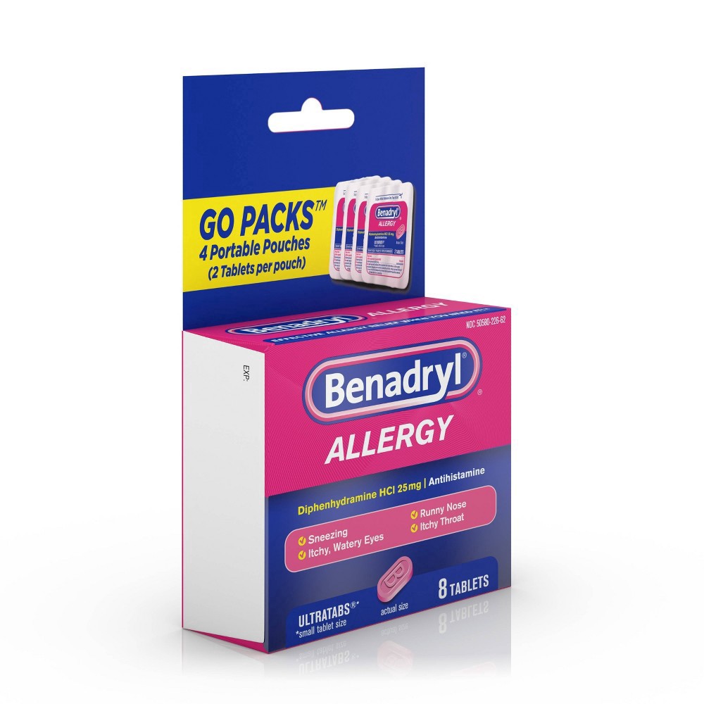 slide 9 of 15, Benadryl Ultratabs Go Packs - Diphenhydramine Antihistamine Tablets - 4 packs of 2ct, 8 ct