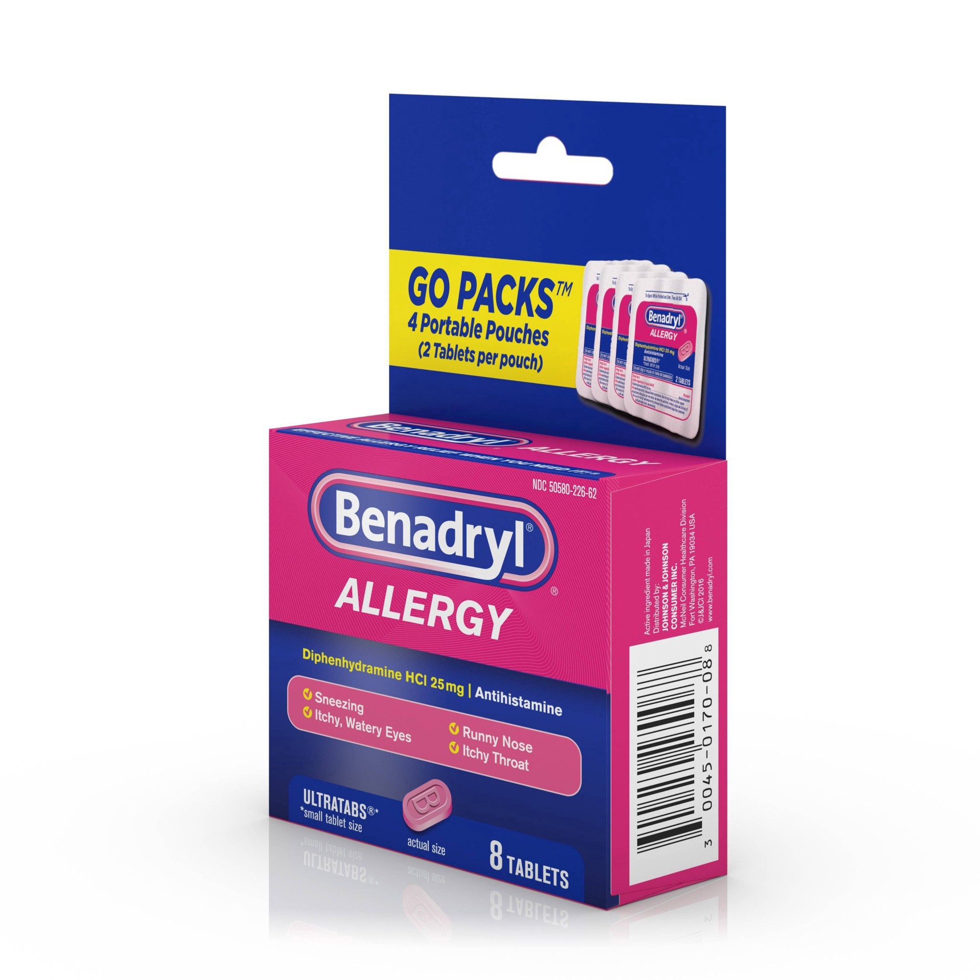 slide 10 of 15, Benadryl Ultratabs Go Packs - Diphenhydramine Antihistamine Tablets - 4 packs of 2ct, 8 ct