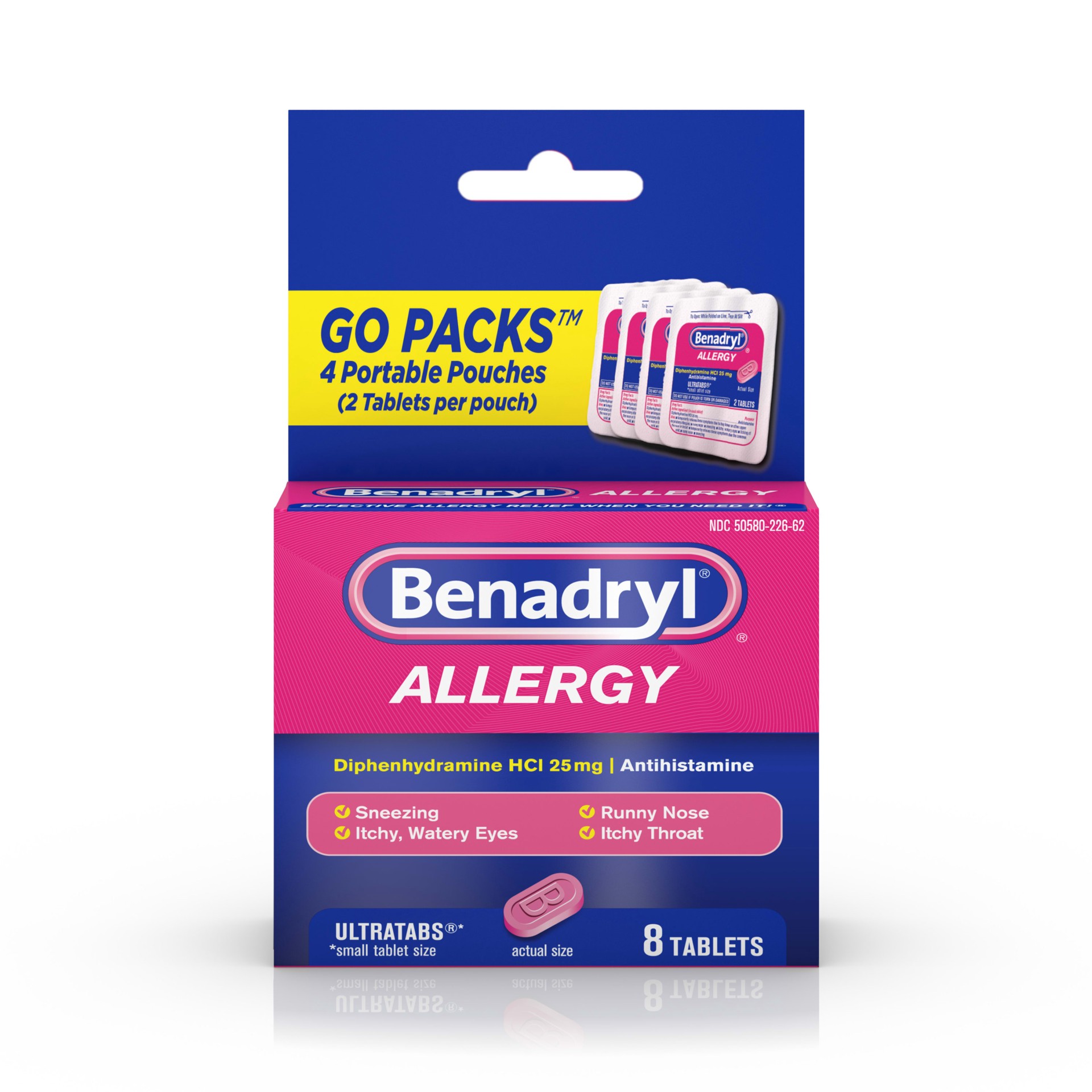 slide 1 of 15, Benadryl Ultratabs Go Packs - Diphenhydramine Antihistamine Tablets - 4 packs of 2ct, 8 ct