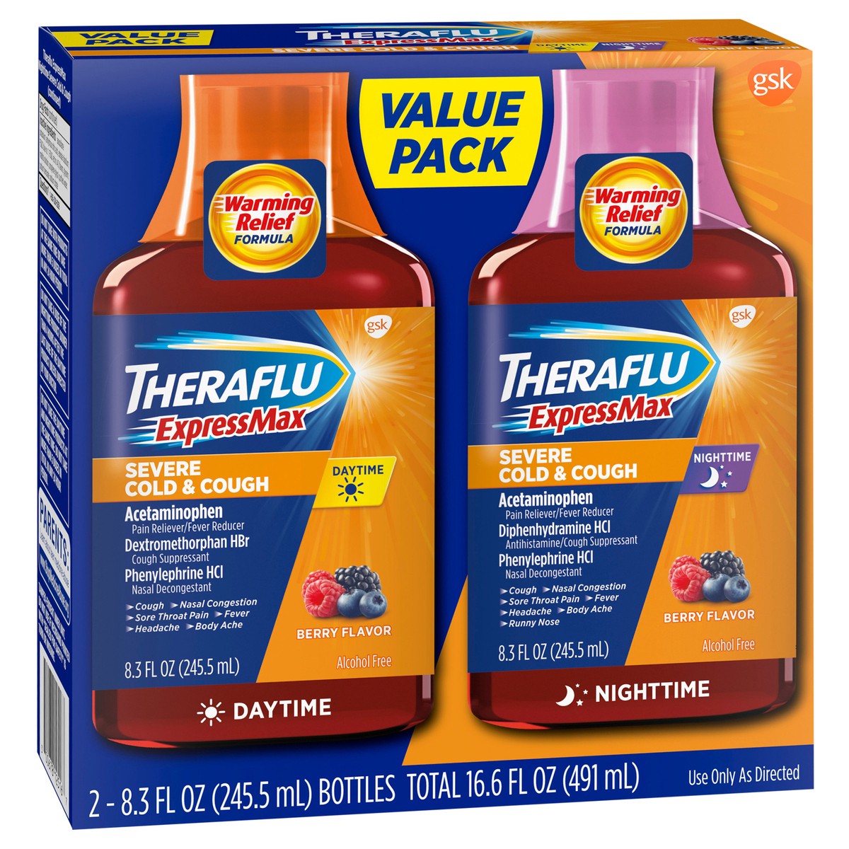 slide 8 of 9, Theraflu ExpressMax Severe Cold and Cough Nighttime and Daytime Cough and Cold Medicine, Berry Flavor - 8.3 Fl Oz Syrup x 2, 2 ct