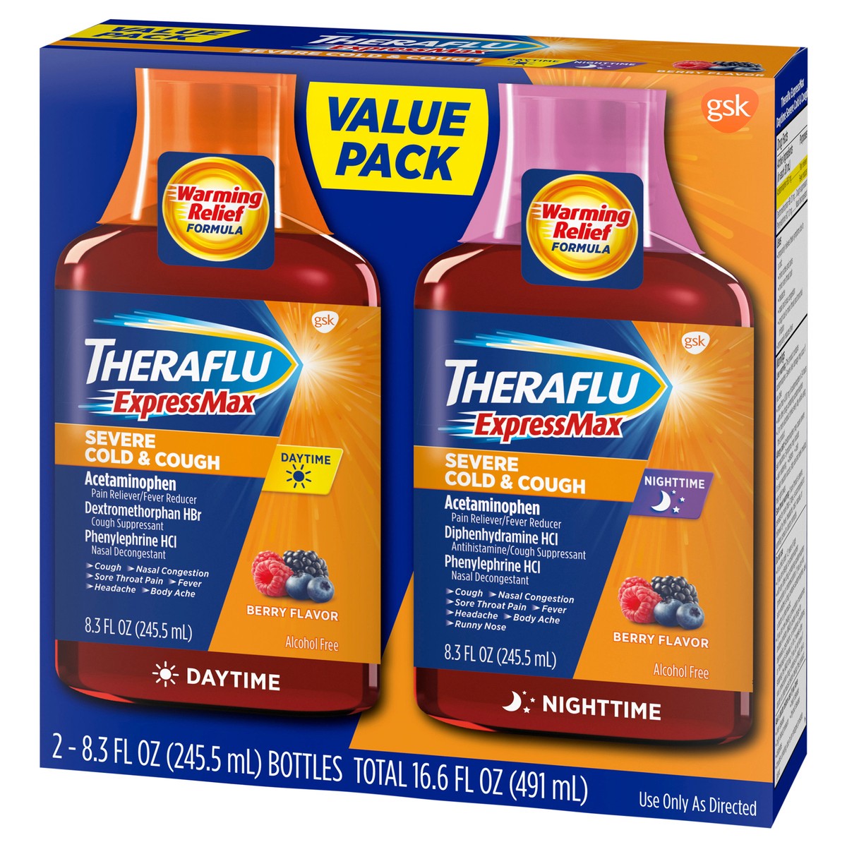 slide 2 of 9, Theraflu ExpressMax Severe Cold and Cough Nighttime and Daytime Cough and Cold Medicine, Berry Flavor - 8.3 Fl Oz Syrup x 2, 2 ct