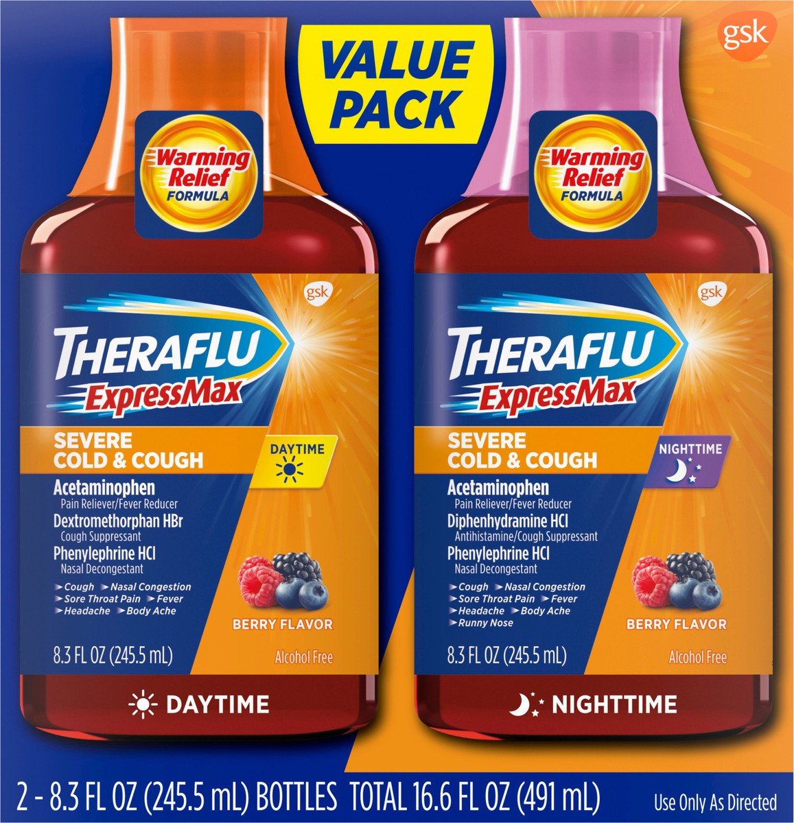 slide 7 of 9, Theraflu ExpressMax Severe Cold and Cough Nighttime and Daytime Cough and Cold Medicine, Berry Flavor - 8.3 Fl Oz Syrup x 2, 2 ct