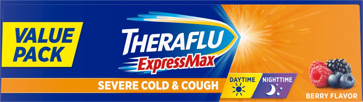 slide 3 of 9, Theraflu ExpressMax Severe Cold and Cough Nighttime and Daytime Cough and Cold Medicine, Berry Flavor - 8.3 Fl Oz Syrup x 2, 2 ct