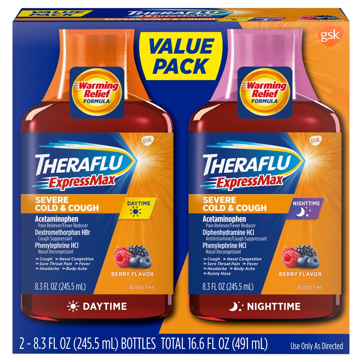 slide 1 of 9, Theraflu ExpressMax Severe Cold and Cough Nighttime and Daytime Cough and Cold Medicine, Berry Flavor - 8.3 Fl Oz Syrup x 2, 2 ct