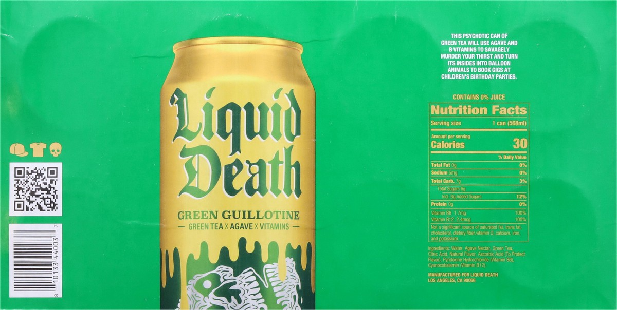 slide 3 of 15, Liquid Death Iced Green Tea, Green Guillotine, 19.2 oz King Sized Cans (8-Pack), 153.60 oz