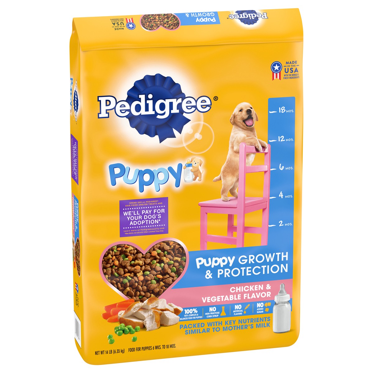 slide 5 of 9, Pedigree Puppies 6 Wks. to 18 Mos. 100% Complete & Balanced Chicken, Rice & Vegetable Flavor Food for Puppies 14 lb, 14 lb