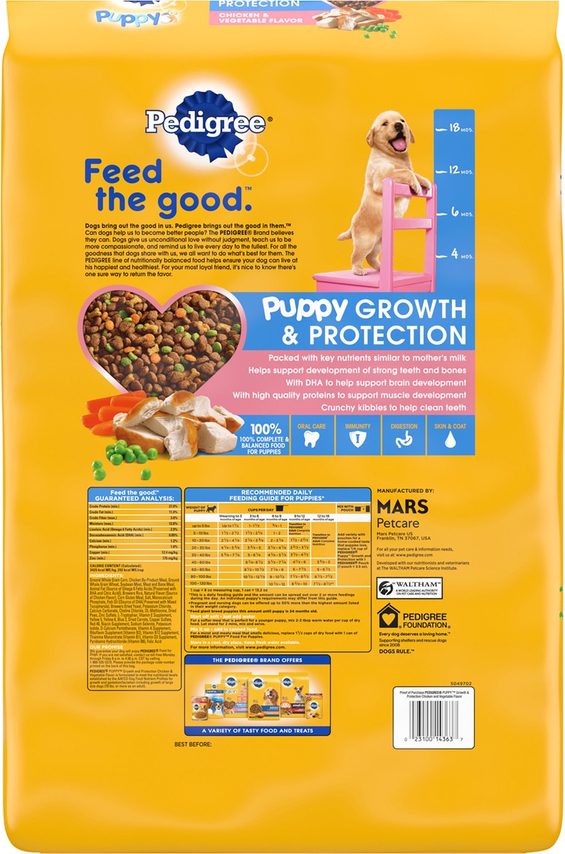 slide 4 of 9, Pedigree Puppies 6 Wks. to 18 Mos. 100% Complete & Balanced Chicken, Rice & Vegetable Flavor Food for Puppies 14 lb, 14 lb