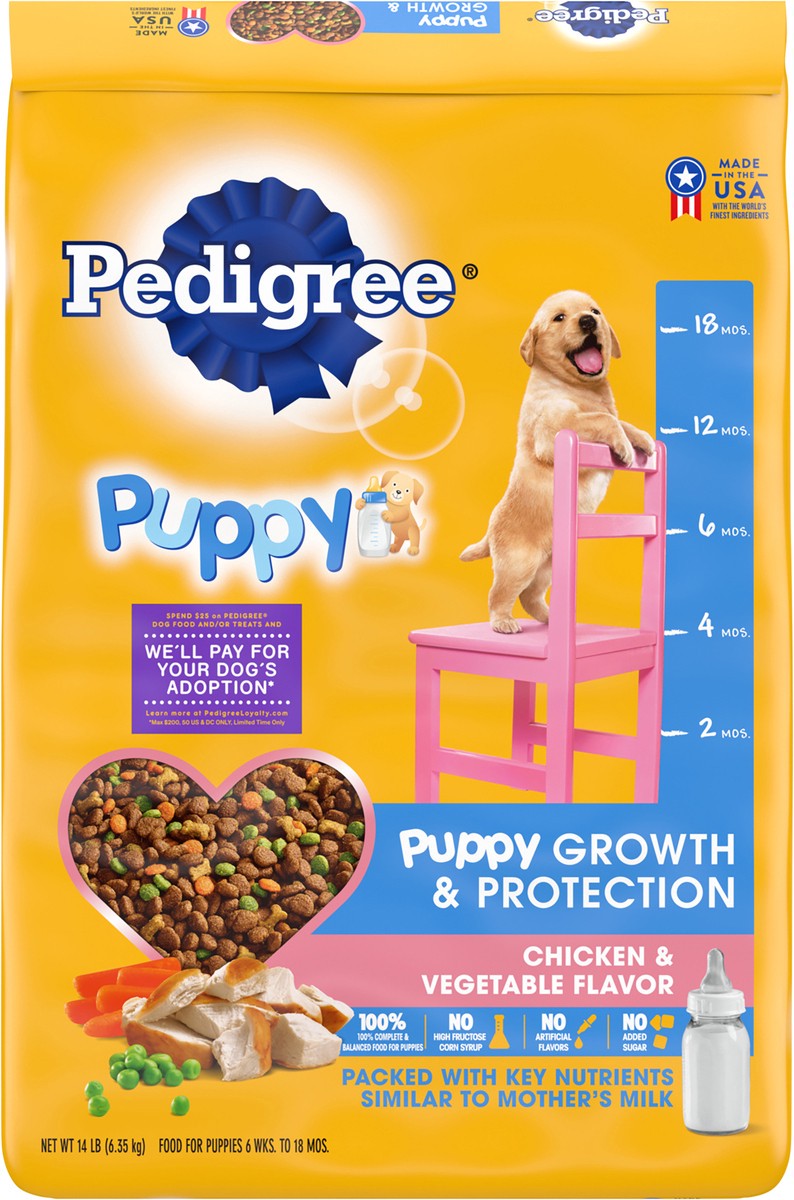 slide 3 of 9, Pedigree Puppies 6 Wks. to 18 Mos. 100% Complete & Balanced Chicken, Rice & Vegetable Flavor Food for Puppies 14 lb, 14 lb