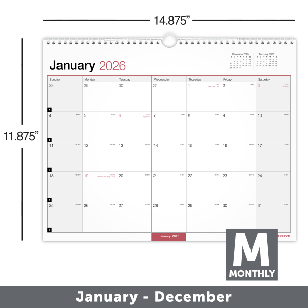 slide 2 of 2, Office Depot Brand Monthly Wall Calendar, 15"" x 12"", White, January 2026 to December 2026, OD30242826, 1 ct