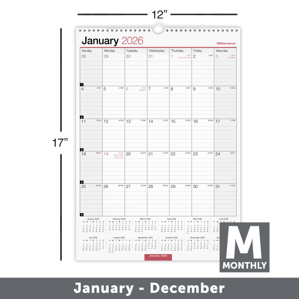 slide 2 of 2, Office Depot Brand Monthly Wall Calendar, 12"" x 17"", White, January 2026 to December 2026, OD30162826, 1 ct