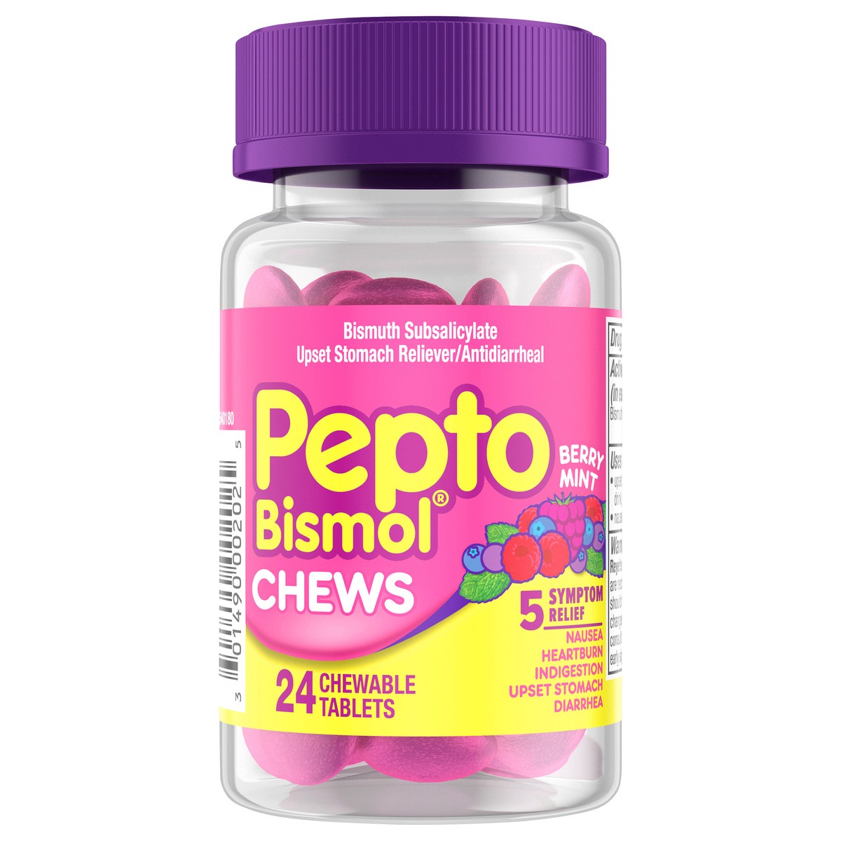 slide 1 of 4, Pepto-Bismol Chews, Fast and Effective Digestive Relief from Nausea, Heartburn, Indigestion, Upset Stomach, Diarrhea, Berry Mint Flavor, 24 Chewable Tablets, 24 ct