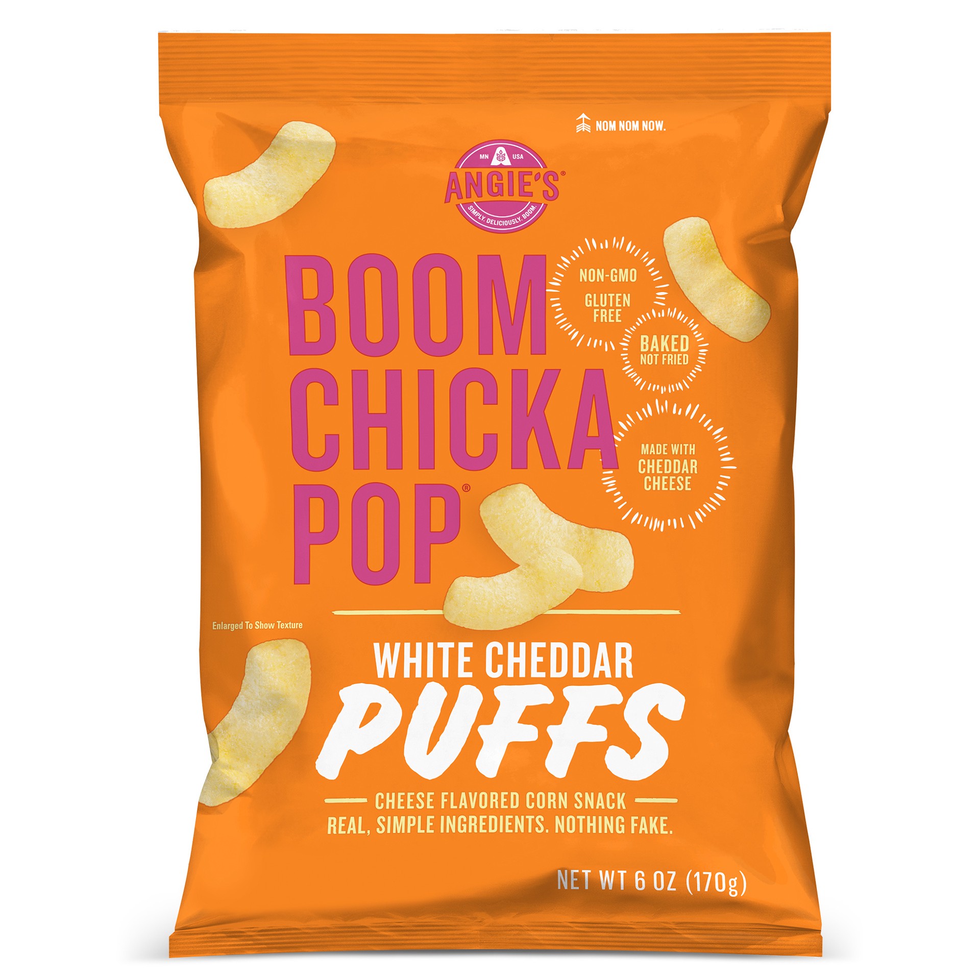 slide 1 of 5, Angie's BOOMCHICKAPOP White Cheddar Puffs Baked Corn Snacks, 6 oz., 6 oz